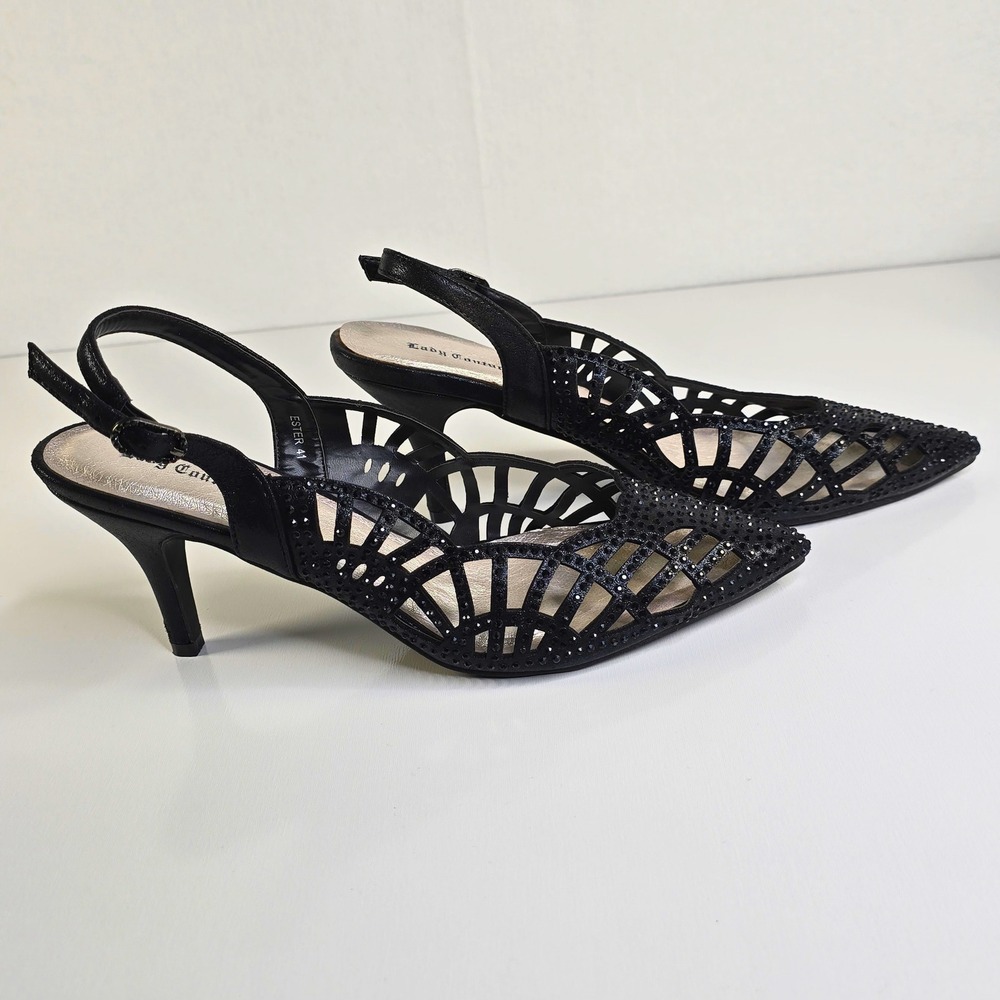 Lady Couture Ester Black Rhinestone Slingback Pointed Toe Heels EU 41 US 10-10.5